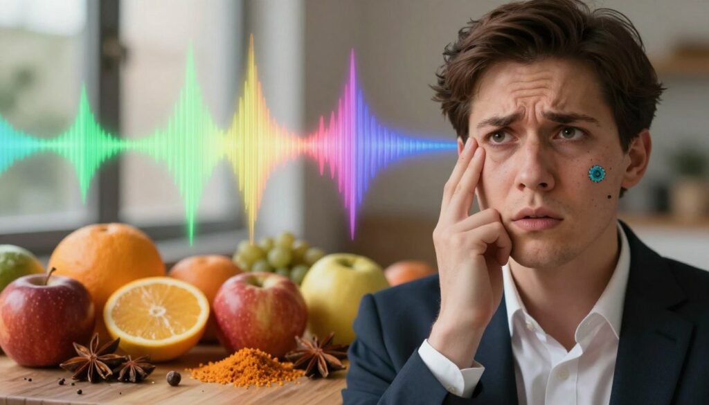 A close-up scene illustrating sensory alterations caused by a new COVID variant. In the foreground, a person dressed in professional business attire looks bewildered, with surreal visual distortions around them, like vibrant sound waves and colorful, abstract representations of taste. In the middle ground, various everyday objects—like fruits, flowers, and spices—are depicted with exaggerated colors and textures to symbolize altered sensory perceptions. The background features a softly blurred urban environment, evoking a sense of normalcy juxtaposed with the unusual sensations experienced. The lighting is warm and slightly diffused, creating an intriguing yet unsettling atmosphere that captures the complexity of sensory changes. Overall, the image should evoke curiosity and unease, visually representing the weird symptoms of the new variant.