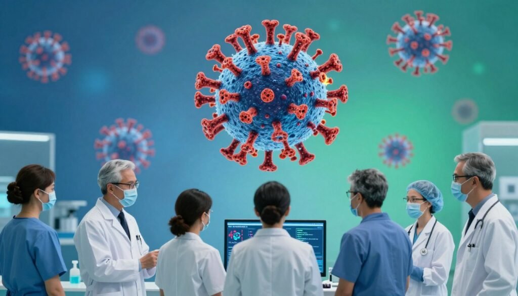 A visually striking composition depicting the impact of vaccination on the symptom presentation of a novel coronavirus variant. In the foreground, a diverse group of healthcare professionals in professional attire, such as lab coats and masks, are analyzing a digital display showcasing virus mutations. The middle ground features a stylized representation of the coronavirus, intricately designed with highlighted mutation points, radiating a sense of scientific urgency. The background is a gradient of blue and green hues, symbolizing hope and progress in vaccination efforts, with a soft-focus depiction of a vaccination clinic subtly lit to illuminate the scene. Use a wide-angle lens effect to capture the depth of the environment, creating an informative yet introspective atmosphere. The overall mood should be optimistic but serious, reflecting the ongoing battle against COVID-19.