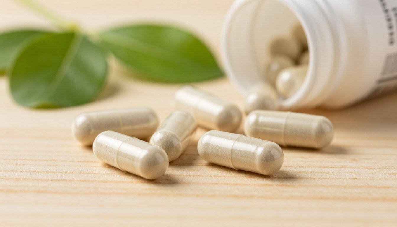 magnesium glycinate supplement capsules on wooden surface with fresh green leaves