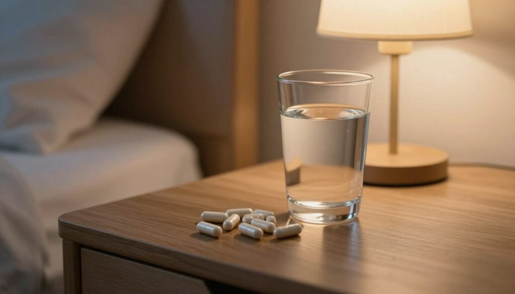 supplement capsules with glass of water on bedside table at evening time