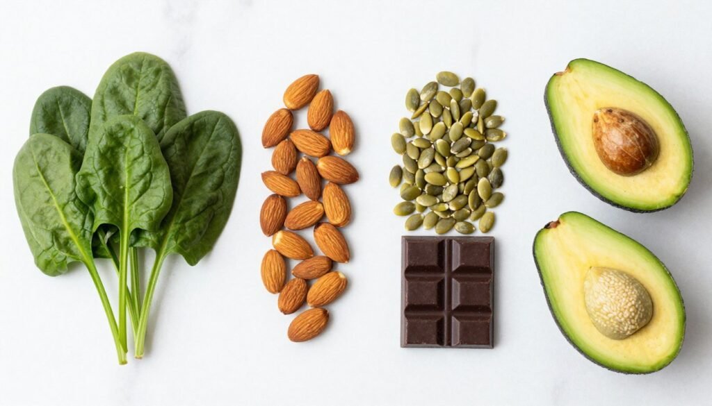 variety of magnesium-rich foods including leafy greens nuts seeds and whole grains