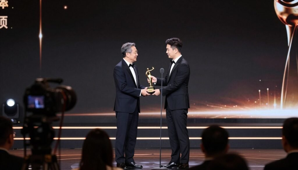 Award ceremony stage with presenter and recipient