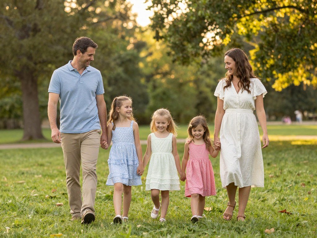 Happy family walking together in a park