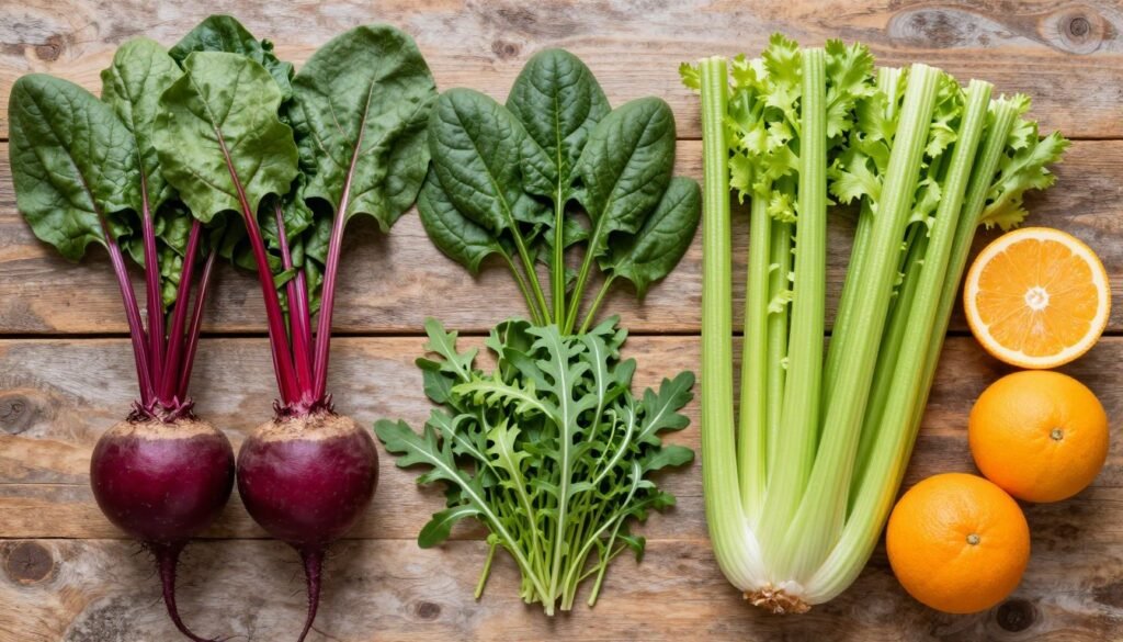 healthy foods rich in nitrates including beets, leafy greens, and citrus