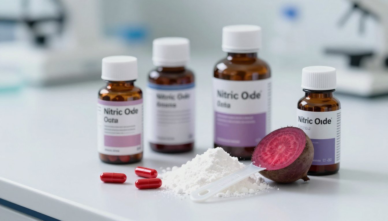 nitric oxide supplements in capsules and powder form on a laboratory table