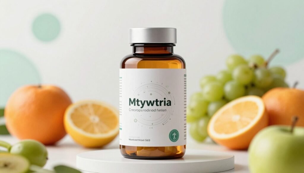 A sleek and modern bottle of a high-quality mitochondria supplement displayed prominently in the foreground, with a vibrant liquid inside glowing softly. The bottle design features a sophisticated label adorned with scientific motifs representing energy and vitality. In the middle ground, fresh fruits and vegetables surround the bottle, symbolizing natural energy sources, while a backdrop of soft-focus abstract shapes suggests dynamism and movement, hinting at energy flow. The lighting is bright and clean, casting subtle reflections on the bottle to enhance its premium feel. A shallow depth of field creates a professional look, isolating the product as the focal point while keeping the overall atmosphere inviting and energizing. No text or branding elements are present, ensuring a clean presentation.
