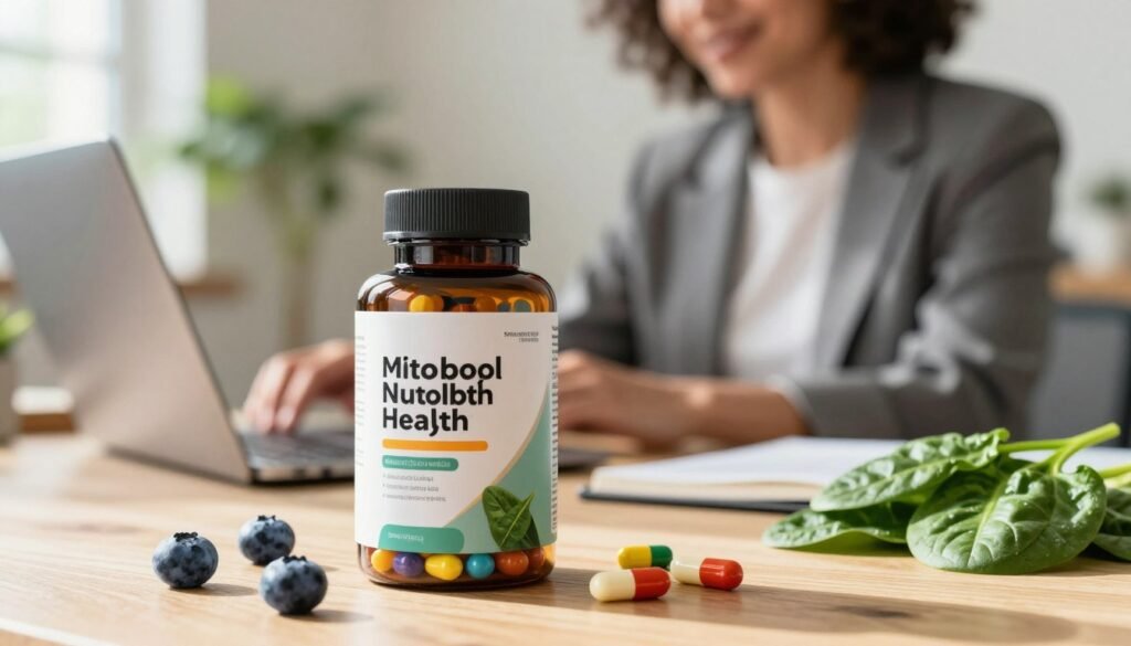 A vibrant and dynamic scene featuring a sleek, modern bottle of a mitochondrial health supplement prominently displayed in the foreground. The bottle should be elegantly designed with a glossy finish, suggesting premium quality, and filled with brightly colored capsules. Surrounding the bottle, a few colorful fruits and vegetables like blueberries and spinach symbolize natural energy and vitality. In the middle ground, softly blurred, a person in professional attire is engaging with digital devices, illustrating cognitive focus and energy. The background should include a sunny, well-lit indoor setting with greenery and a cozy workspace, creating an uplifting atmosphere. Use soft, natural lighting to highlight the product's features, shot from a slight angle to add depth. The mood reflects health, innovation, and cognitive clarity.