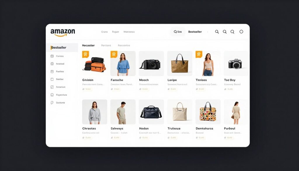 Amazon category navigation showing bestseller lists across departments