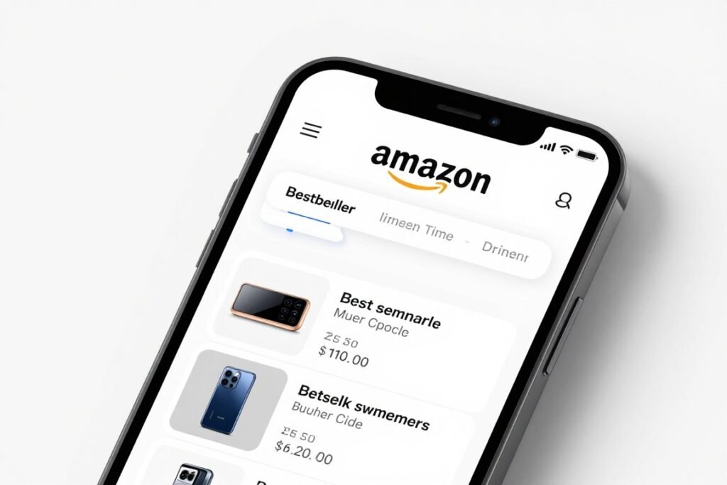 Amazon mobile app interface showing bestsellers on smartphone screen