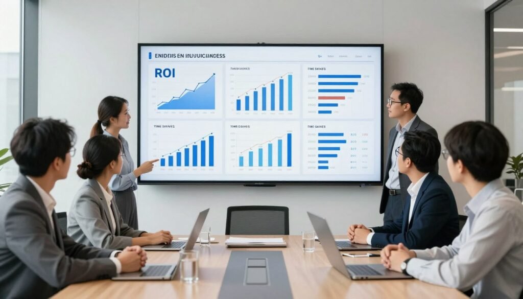 Business professionals analyzing AI training ROI metrics and performance dashboards