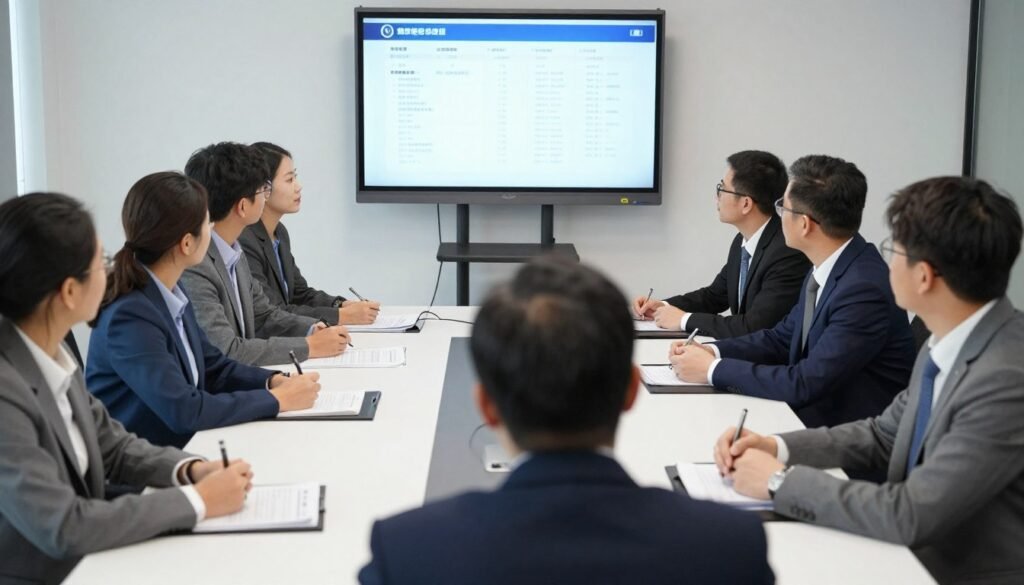 Business professionals evaluating AI training provider proposals and credentials