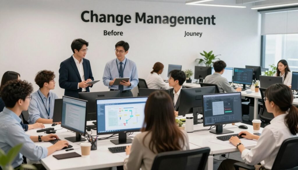 Change management process showing team adoption of new AI workflows