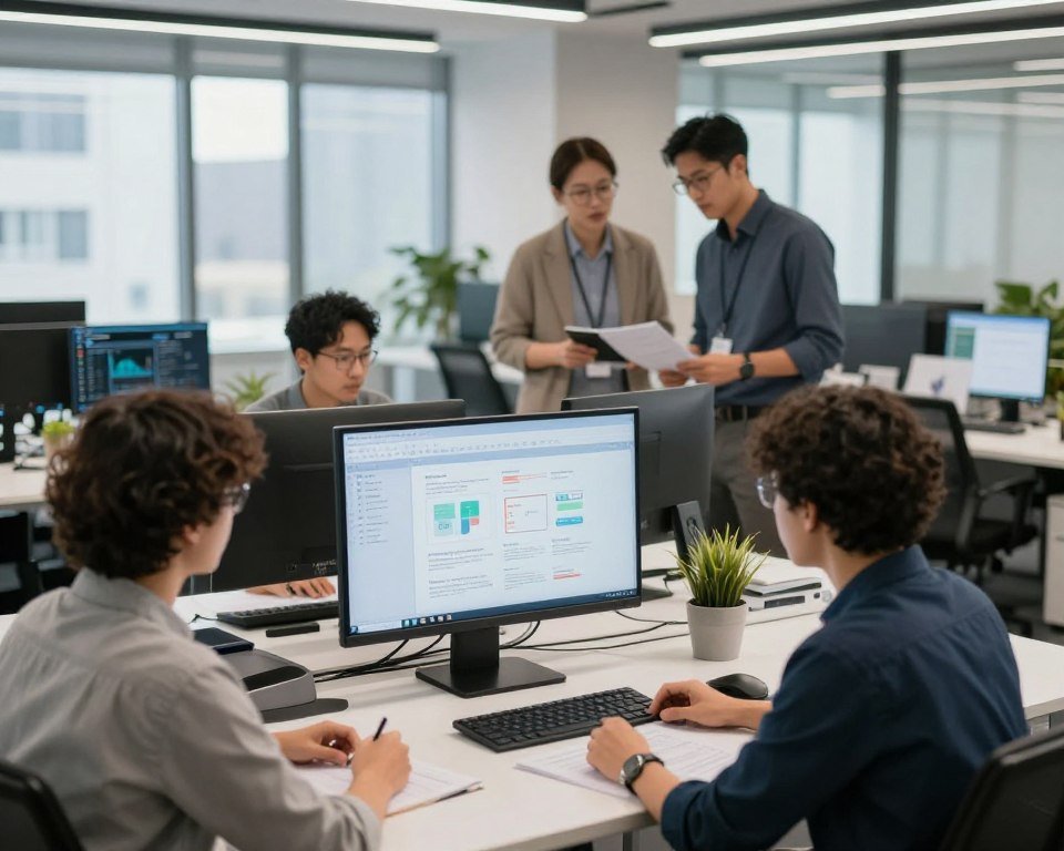 Consulting team collaborating with AI-powered research and presentation tools