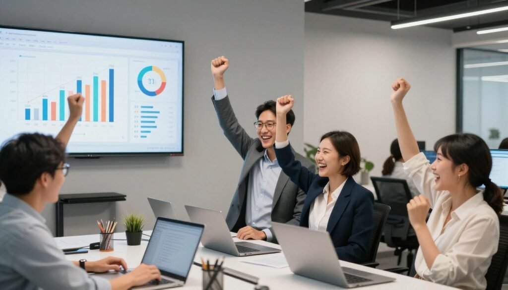 Diverse business professionals celebrating successful AI implementation results