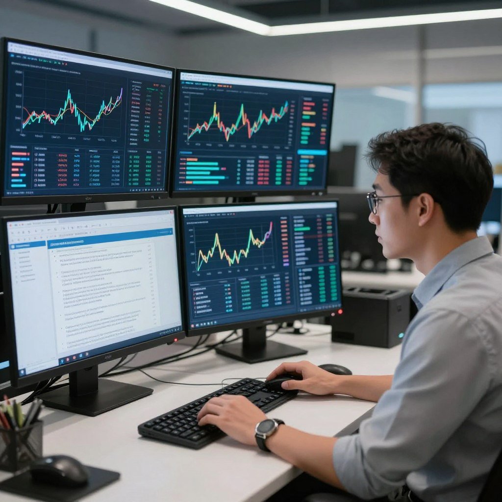 Financial analyst reviewing AI-generated research summaries on multiple screens