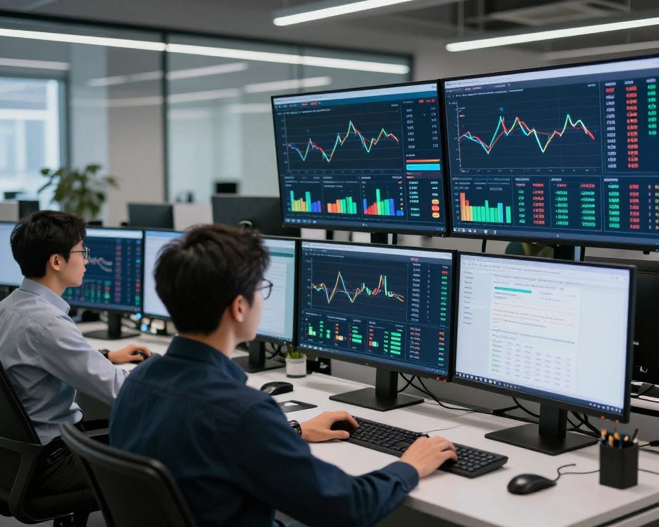 Financial professionals using AI tools for data analysis and risk assessment