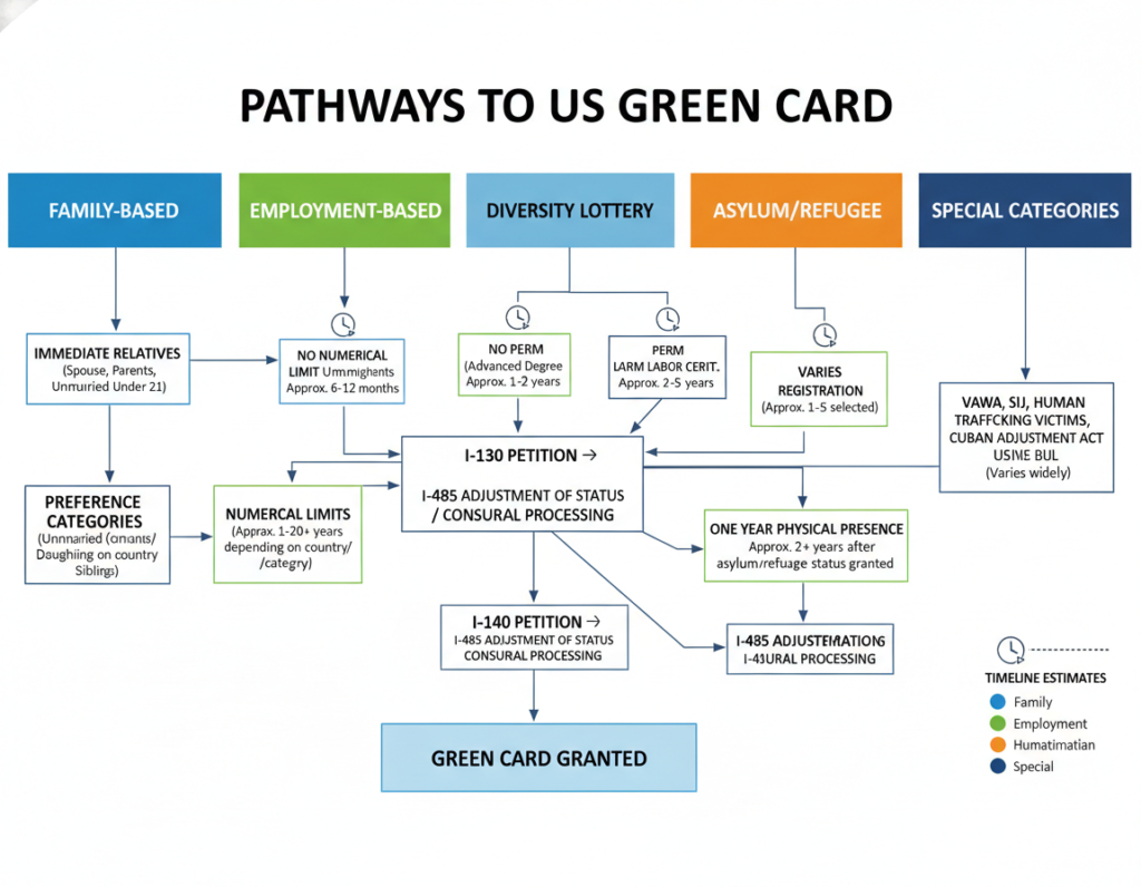 Green card permanent residence pathways and options in USA