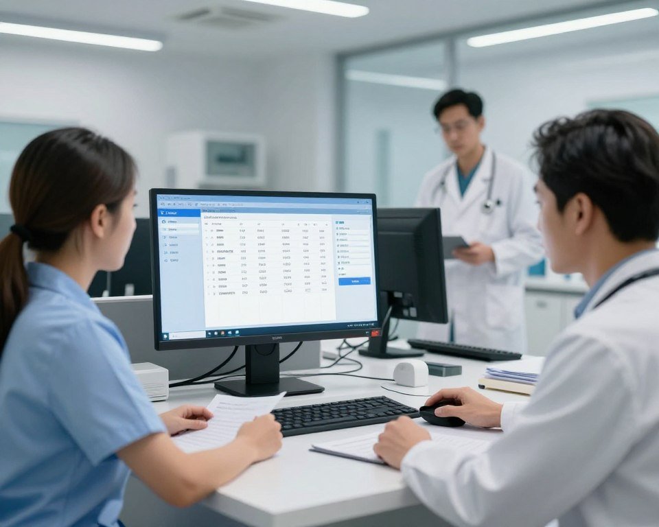 Healthcare professionals using AI for patient data management and diagnostics
