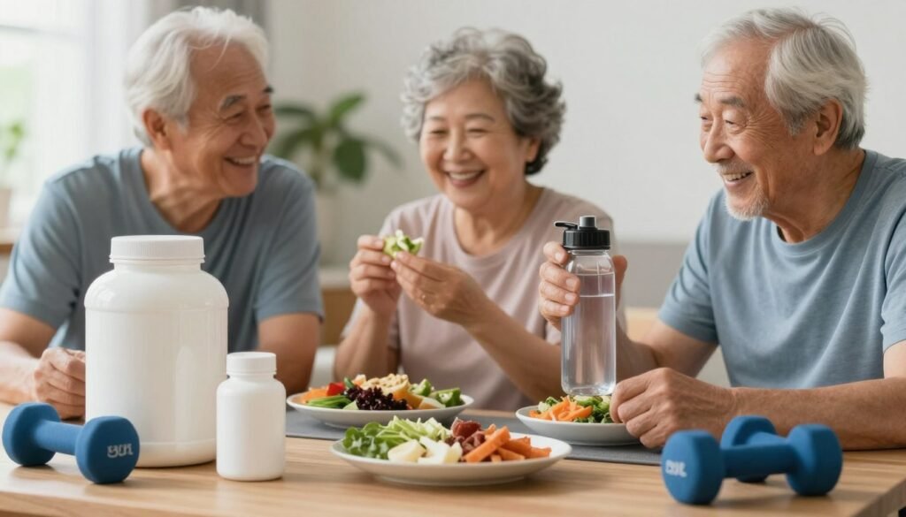 Healthy lifestyle with exercise, nutrition, and advanced amino formula