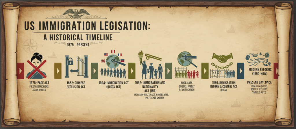 Historical timeline of US immigration laws from 1875 to present