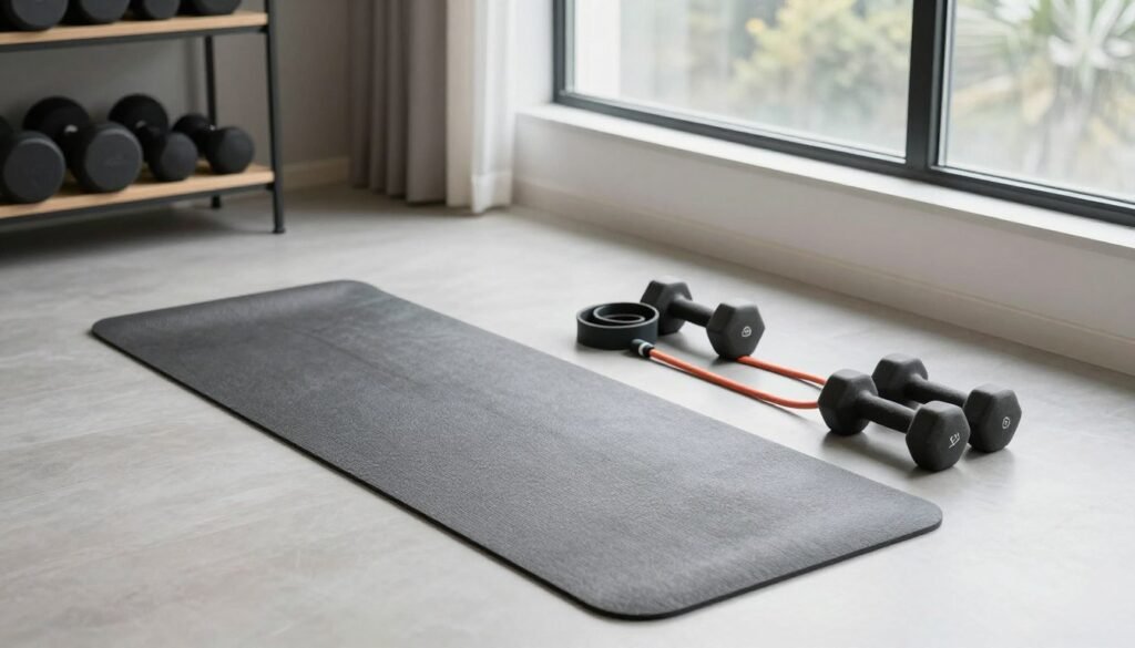 Home gym setup with popular fitness equipment and workout accessories