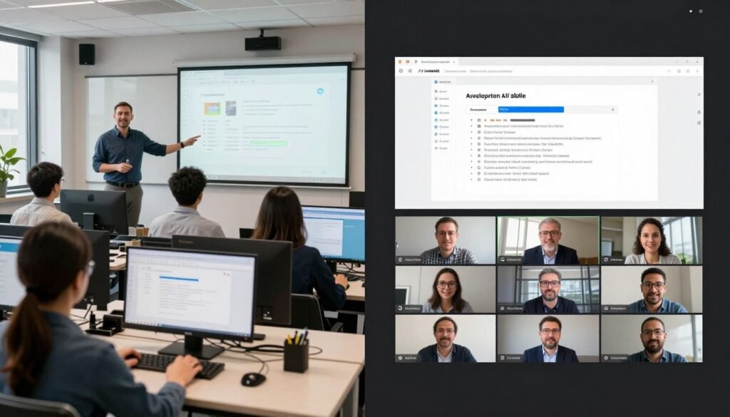 Hybrid training environment combining live workshops and online learning platforms
