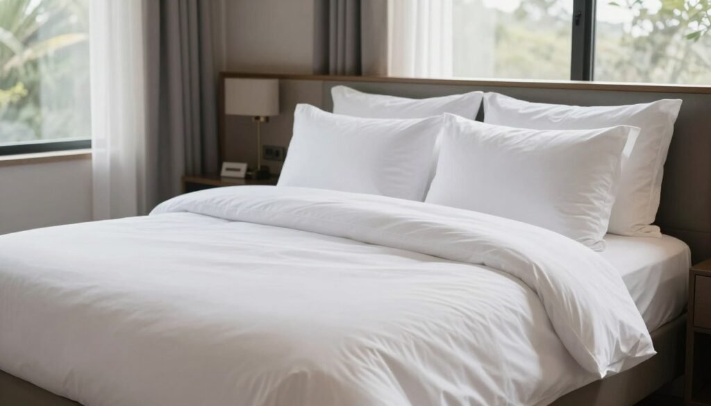 Neatly made bed with premium sheets and coordinated bedding in peaceful bedroom