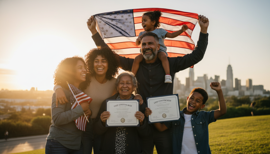 Successful immigrant family celebrating in front of American flag