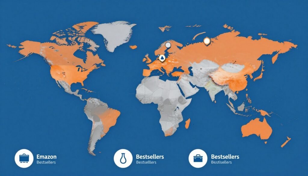 World map showing Amazon marketplace locations and regional bestsellers