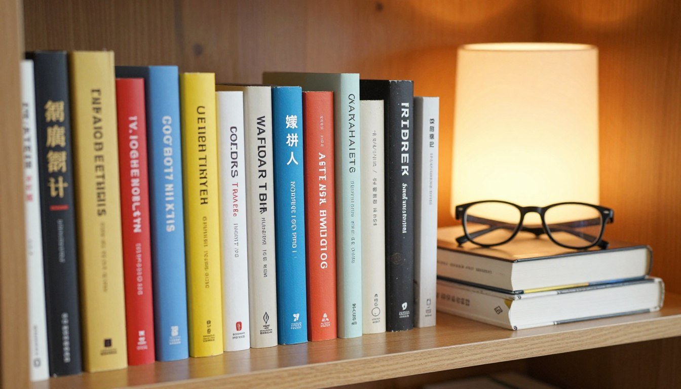 amazon best sellers books displayed on bookshelf with reading glasses