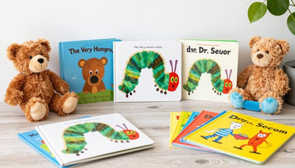 children's bestselling books arranged with stuffed animals and toys