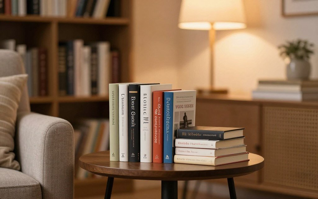 memoir books with reading chair and lamp cozy setting