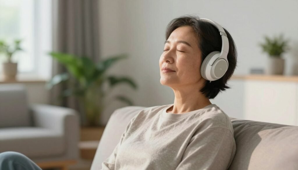 person relaxing with headphones listening to The Brain Song person relaxing with headphones listening to The Brain Song