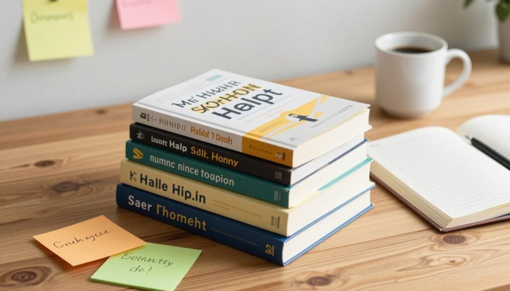 self help books on desk with journal and coffee