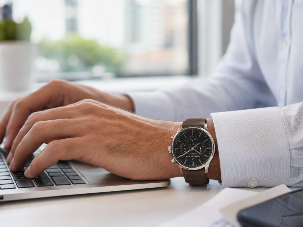A man wearing a brown silicone-band chronograph watch types on a laptop in a bright modern office.