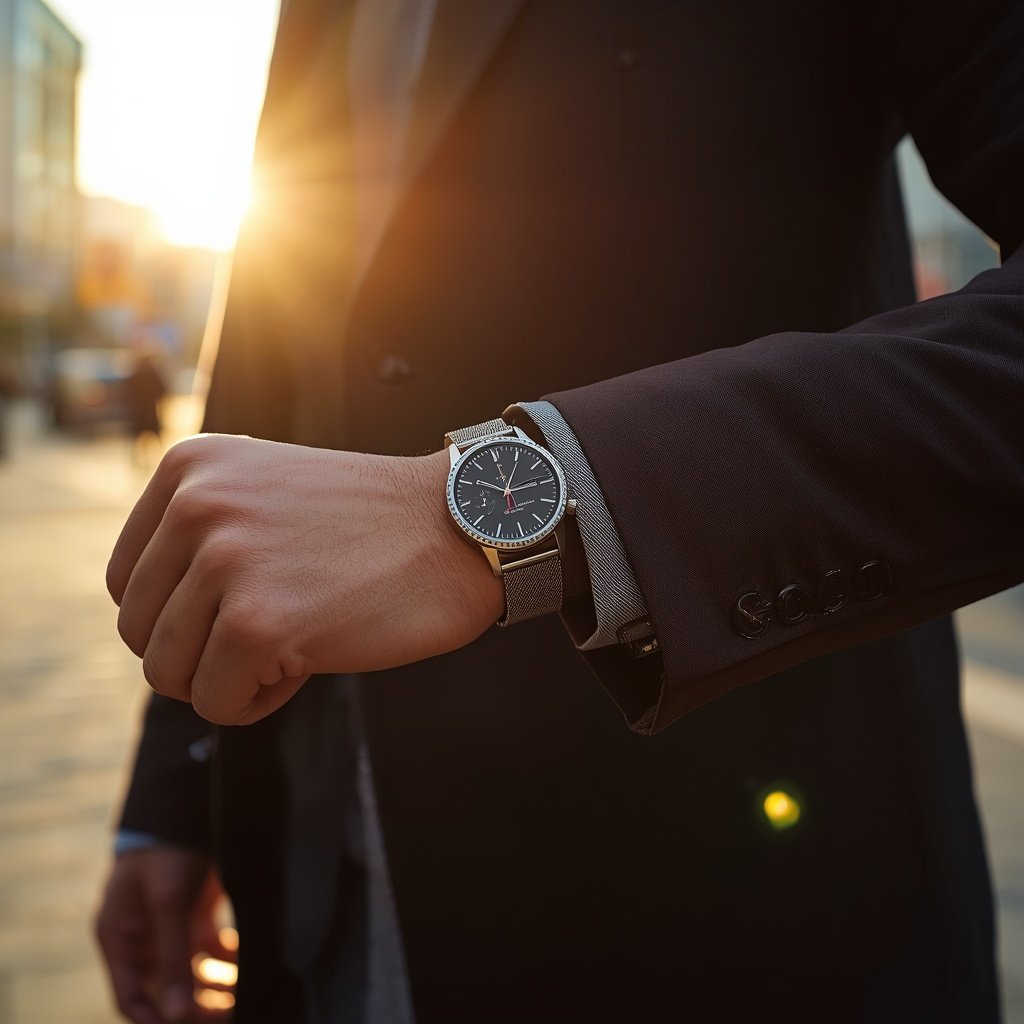 Lifestyle shot of a person confidently checking the watch on their wrist while walking outdoors